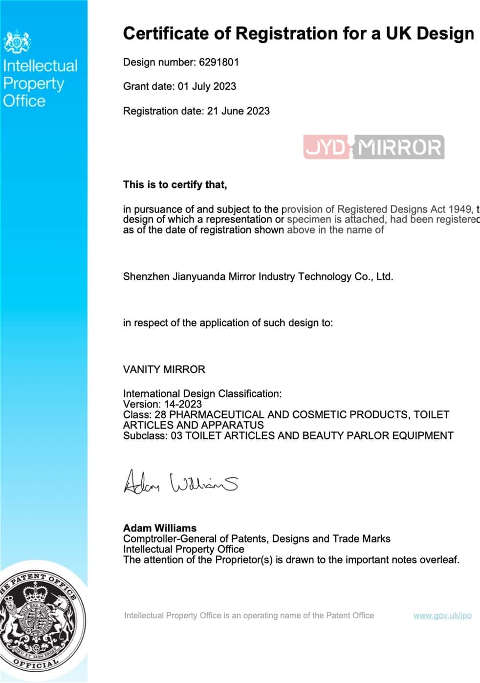 British Appearance Patent Certificate