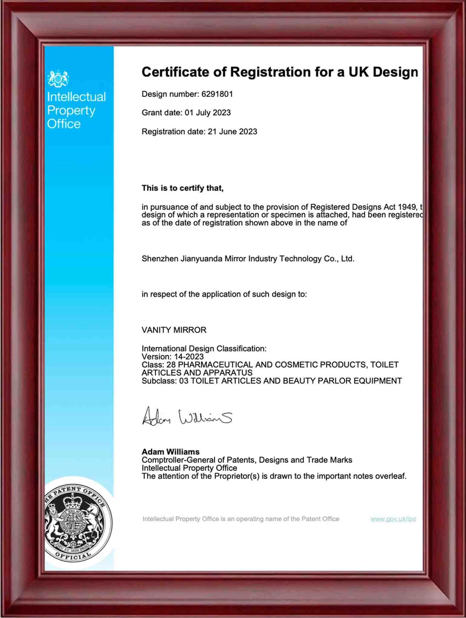 British appearance patent certificate