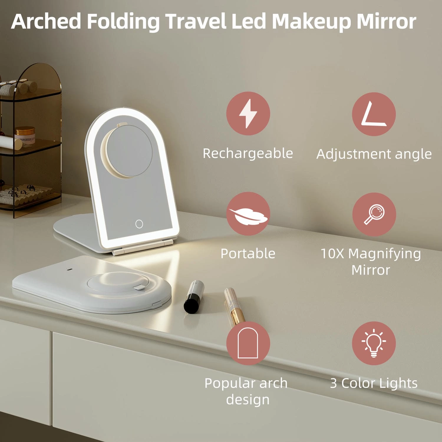 Led Arched Folding Travel Mirror